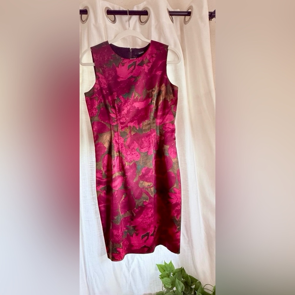 Tahari Fuchsia and Olive Floral Jacquard Midi Dress